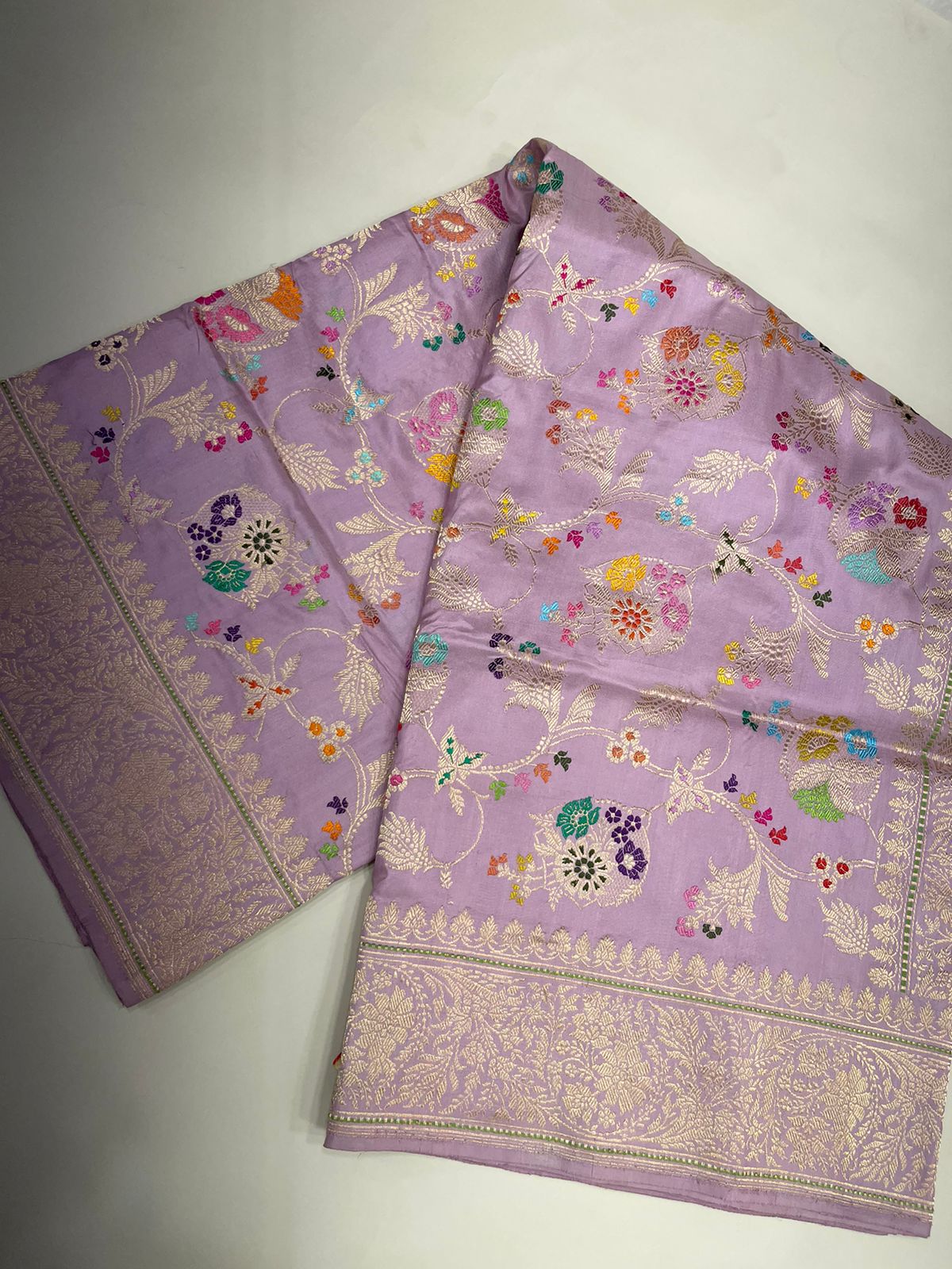 Enchanting Elegance: Faishana's Pure Handloom Katan Silk in Light Purple Meenakari Kadhwa Floral Jangla Booti Kadhwa Border and matching Purple Blouse