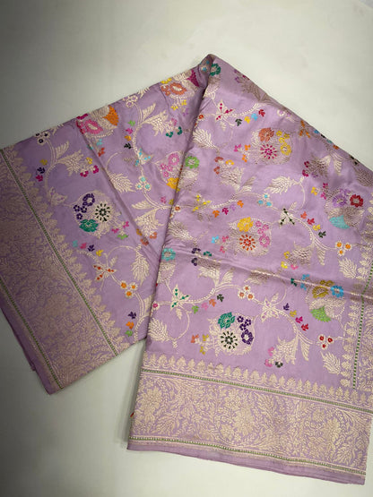 Enchanting Elegance: Faishana's Pure Handloom Katan Silk in Light Purple Meenakari Kadhwa Floral Jangla Booti Kadhwa Border and matching Purple Blouse