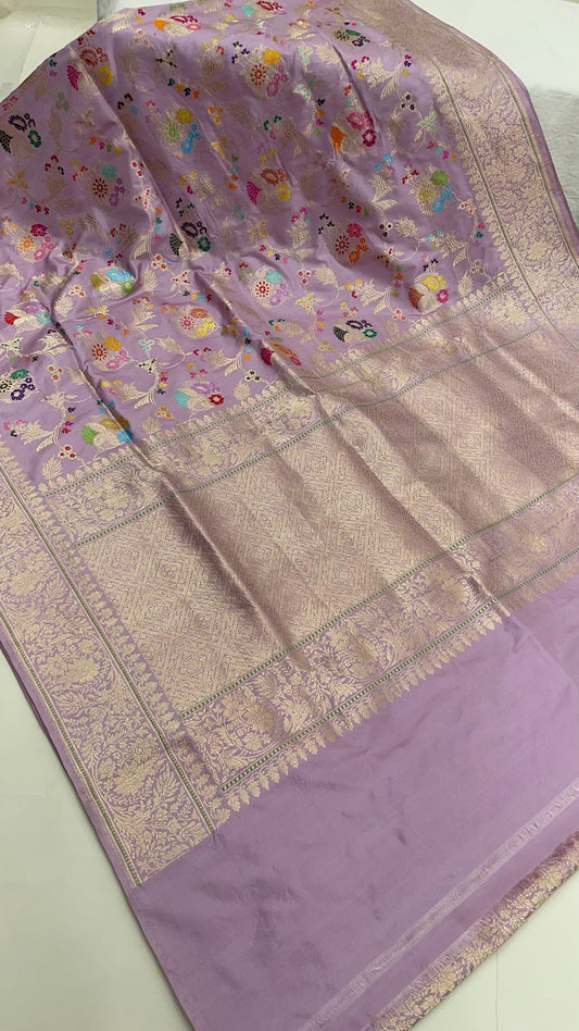 Enchanting Elegance: Faishana's Pure Handloom Katan Silk in Light Purple Meenakari Kadhwa Floral Jangla Booti Kadhwa Border and matching Purple Blouse