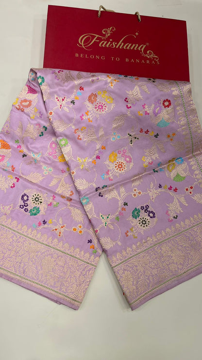 Enchanting Elegance: Faishana's Pure Handloom Katan Silk in Light Purple Meenakari Kadhwa Floral Jangla Booti Kadhwa Border and matching Purple Blouse
