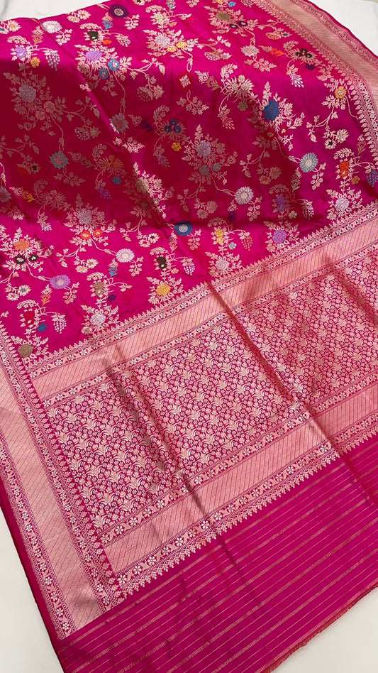 Timeless Elegance: Faishana Pure Handloom Katan Silk Pink Minakari Floral Jangla Jaal Booti with Kadhwa Stripe Blouse