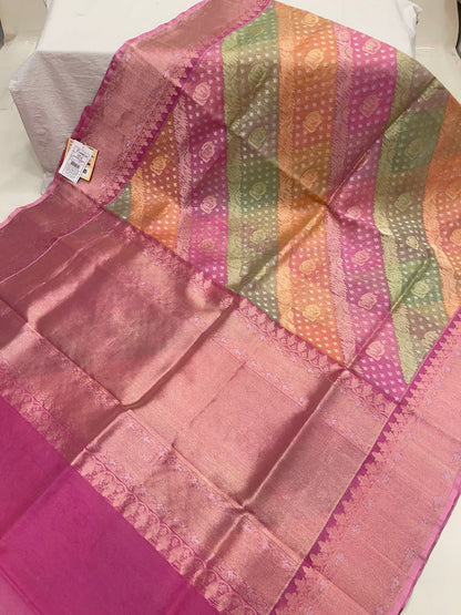 Faishana Pure Silk Handloom Kora Rangkaat Kadhwa Aada Booti with Tested Zari with Pink Kadhwa Blouse Banarasi Saree