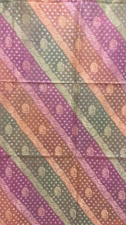 Faishana Pure Silk Handloom Kora Rangkaat Kadhwa Aada Booti with Tested Zari with Pink Kadhwa Blouse Banarasi Saree