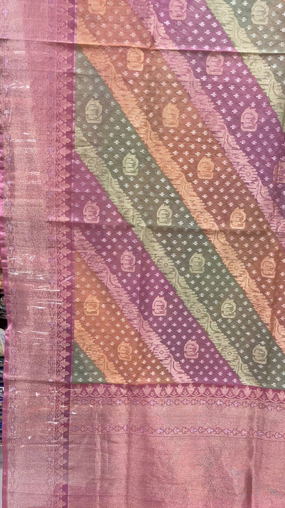 Faishana Pure Silk Handloom Kora Rangkaat Kadhwa Aada Booti with Tested Zari with Pink Kadhwa Blouse Banarasi Saree