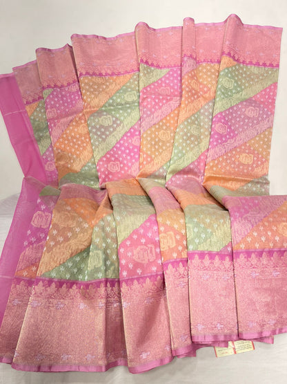 Faishana Pure Silk Handloom Kora Rangkaat Kadhwa Aada Booti with Tested Zari with Pink Kadhwa Blouse Banarasi Saree