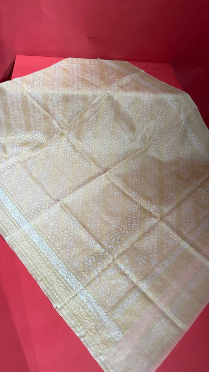 Faishana Pure Silk Handloom Kora Organza Real Zari Kadhwa Aada Booti with Beige Kadhwa Blouse Banarasi Saree