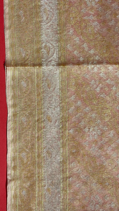 Faishana Pure Silk Handloom Kora Organza Real Zari Kadhwa Aada Booti with Beige Kadhwa Blouse Banarasi Saree