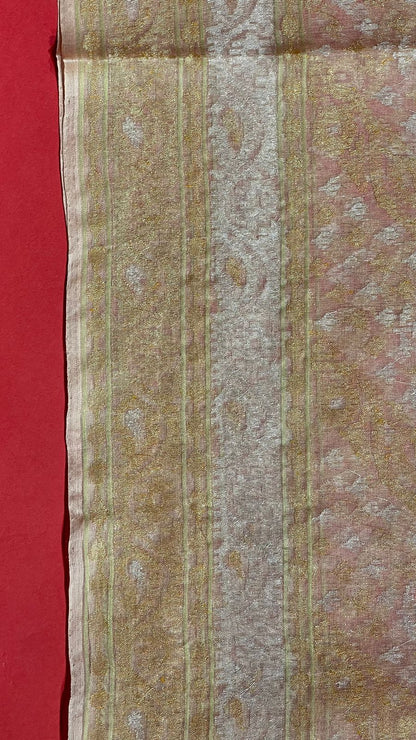 Faishana Pure Silk Handloom Kora Organza Real Zari Kadhwa Aada Booti with Beige Kadhwa Blouse Banarasi Saree
