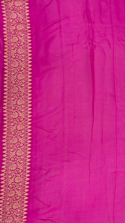 Faishana Pure Handwoven Pink Khaddi Georgette Kadhwa Bandhej Zari Jaal Saree with Banarasi Kadhwa Golden Zari Floral Border with Kadhwa Pink Blouse