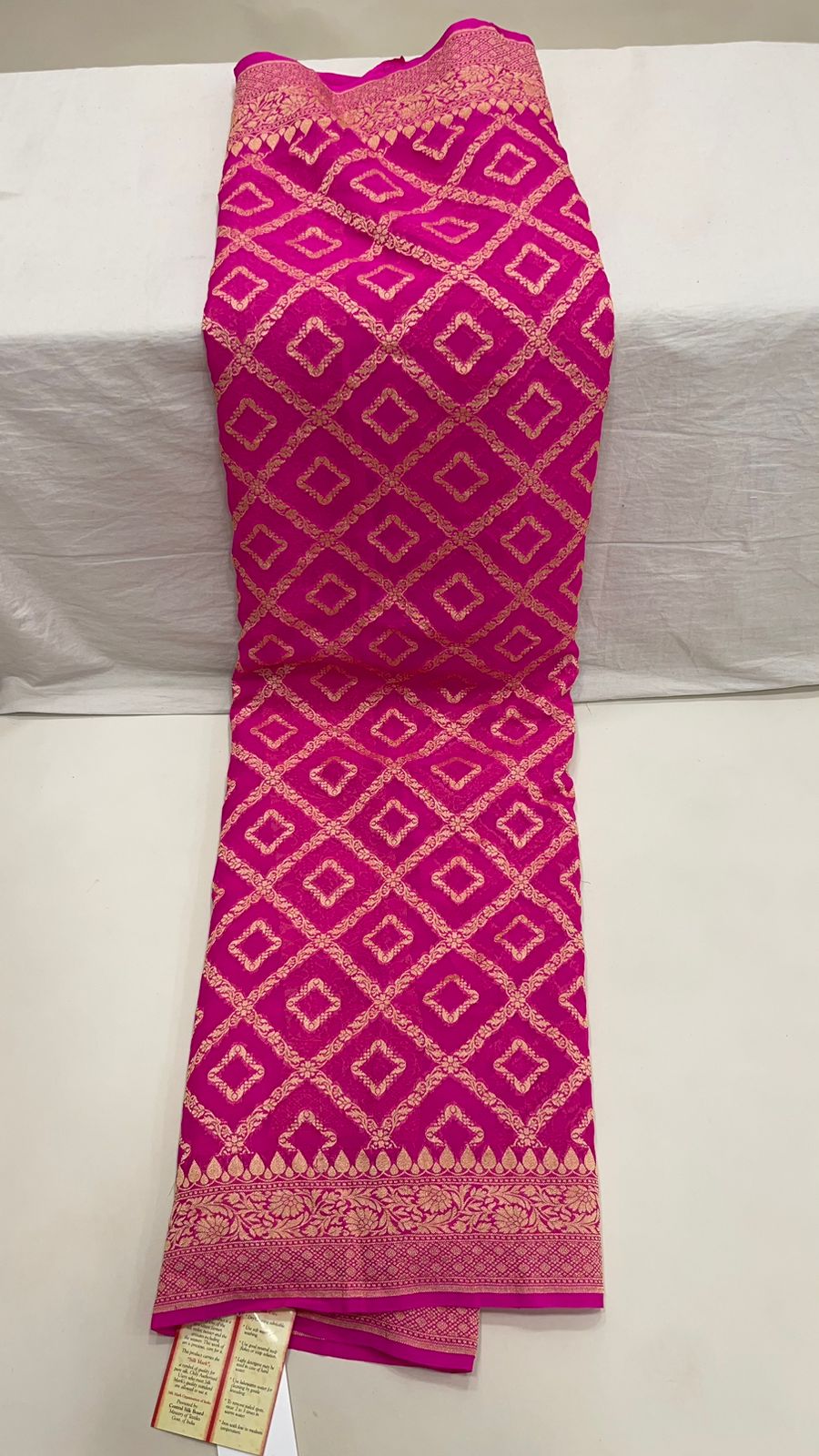Faishana Pure Handwoven Pink Khaddi Georgette Kadhwa Bandhej Zari Jaal Saree with Banarasi Kadhwa Golden Zari Floral Border with Kadhwa Pink Blouse