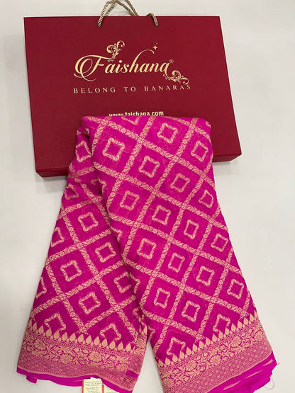 Faishana Pure Handwoven Pink Khaddi Georgette Kadhwa Bandhej Zari Jaal Saree with Banarasi Kadhwa Golden Zari Floral Border with Kadhwa Pink Blouse