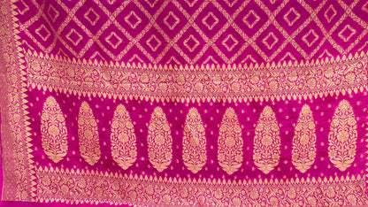 Faishana Pure Handwoven Pink Khaddi Georgette Kadhwa Bandhej Zari Jaal Saree with Banarasi Kadhwa Golden Zari Floral Border with Kadhwa Pink Blouse