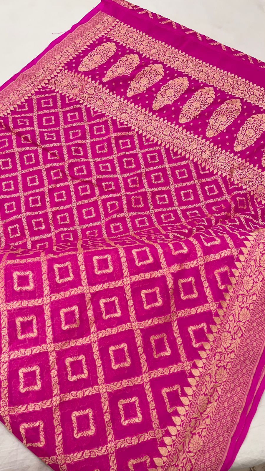 Faishana Pure Handwoven Pink Khaddi Georgette Kadhwa Bandhej Zari Jaal Saree with Banarasi Kadhwa Golden Zari Floral Border with Kadhwa Pink Blouse
