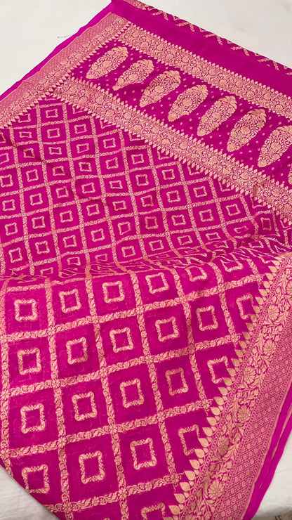 Faishana Pure Handwoven Pink Khaddi Georgette Kadhwa Bandhej Zari Jaal Saree with Banarasi Kadhwa Golden Zari Floral Border with Kadhwa Pink Blouse
