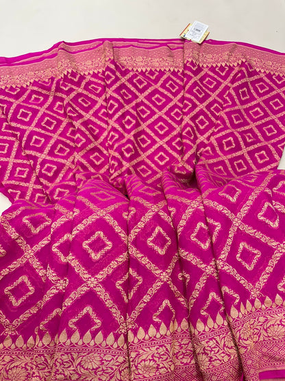 Faishana Pure Handwoven Pink Khaddi Georgette Kadhwa Bandhej Zari Jaal Saree with Banarasi Kadhwa Golden Zari Floral Border with Kadhwa Pink Blouse