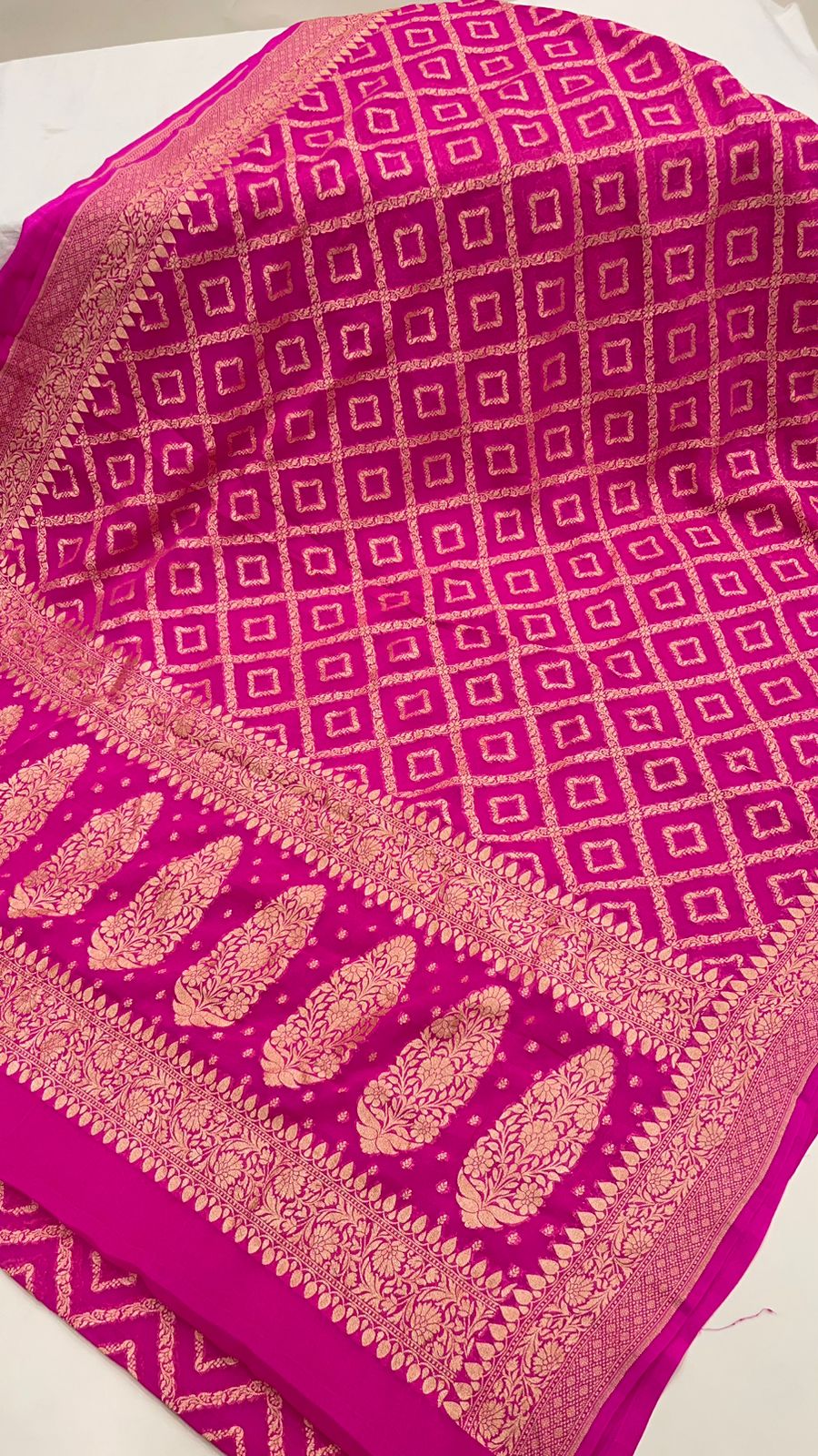 Faishana Pure Handwoven Pink Khaddi Georgette Kadhwa Bandhej Zari Jaal Saree with Banarasi Kadhwa Golden Zari Floral Border with Kadhwa Pink Blouse