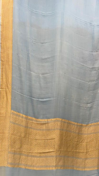 Faishana Pure Silk Handloom Sky Blue Khaddi Georgette Kadhwa Pallu with Banarasi Kadhwa Gold Zari Border Saree