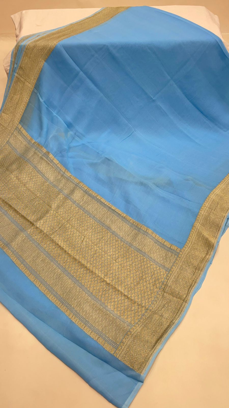 Faishana Pure Silk Handloom Sky Blue Khaddi Georgette Kadhwa Pallu with Banarasi Kadhwa Gold Zari Border Saree