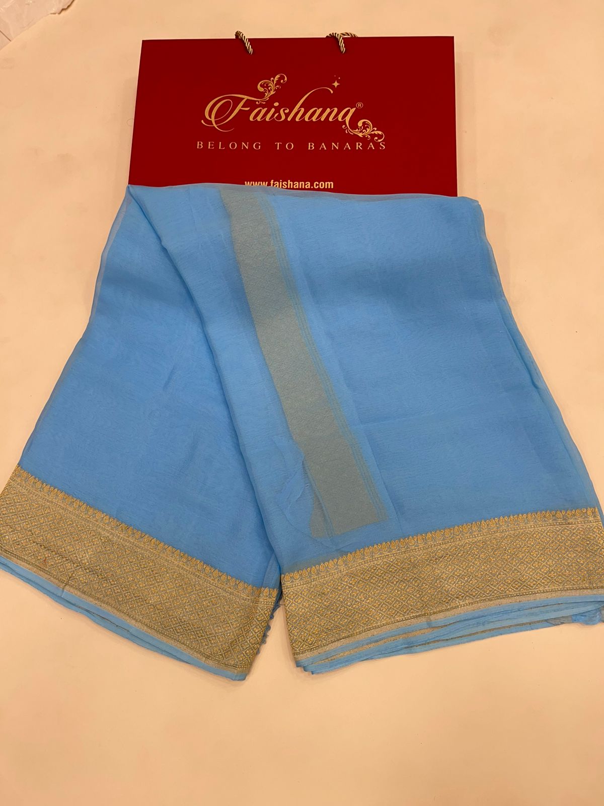 Faishana Pure Silk Handloom Sky Blue Khaddi Georgette Kadhwa Pallu with Banarasi Kadhwa Gold Zari Border Saree