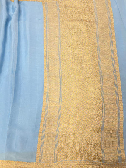 Faishana Pure Silk Handloom Sky Blue Khaddi Georgette Kadhwa Pallu with Banarasi Kadhwa Gold Zari Border Saree