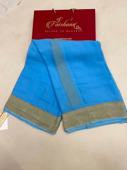 Faishana Pure Silk Handloom Sky Blue Khaddi Georgette Kadhwa Pallu with Banarasi Kadhwa Gold Zari Border Saree