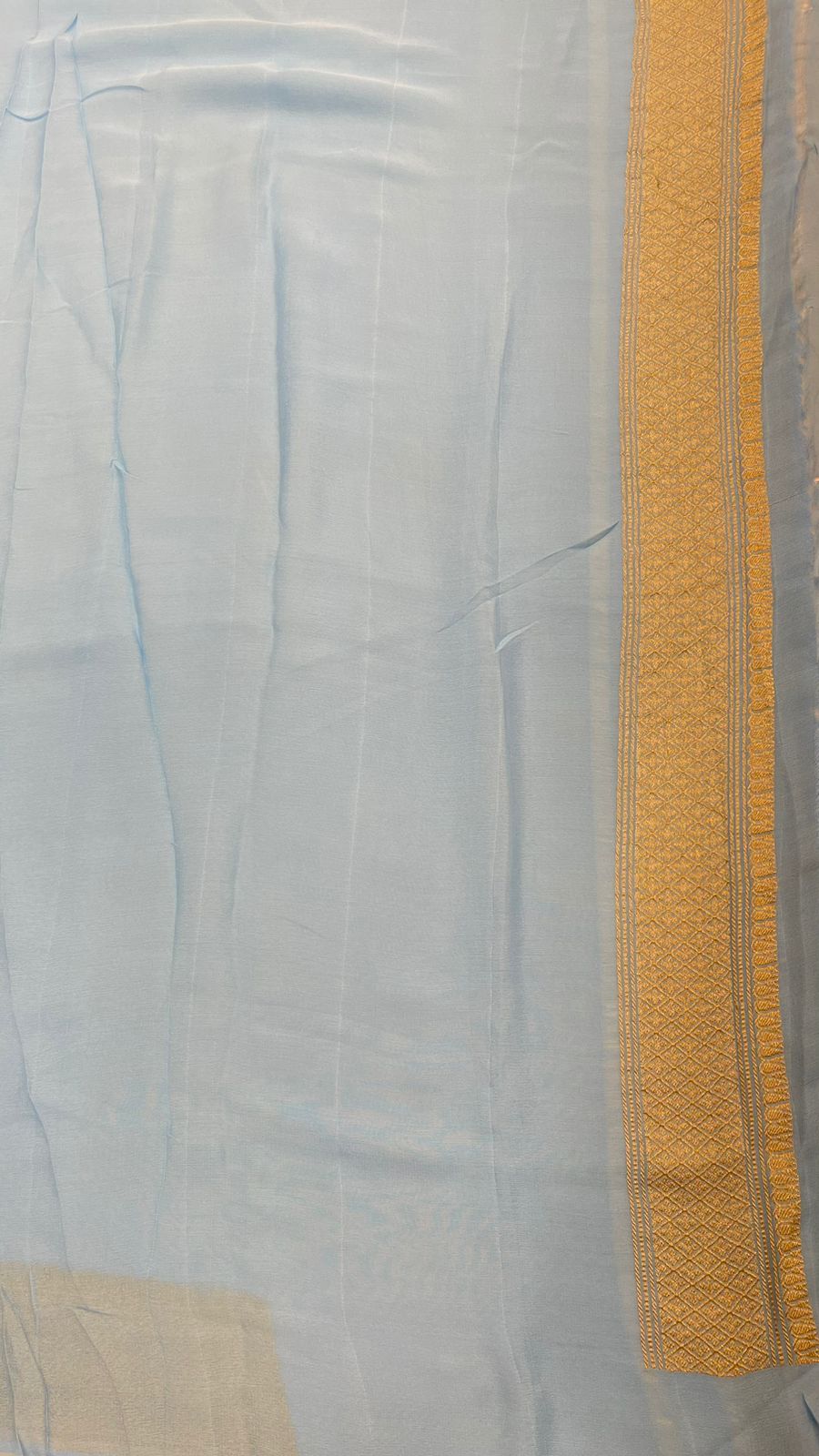 Faishana Pure Silk Handloom Sky Blue Khaddi Georgette Kadhwa Pallu with Banarasi Kadhwa Gold Zari Border Saree