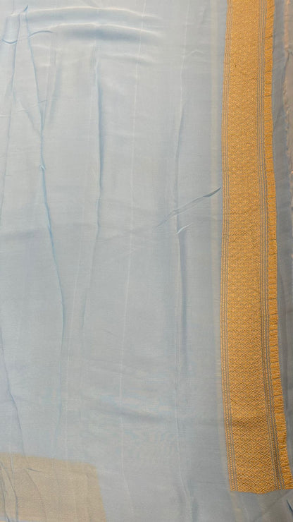 Faishana Pure Silk Handloom Sky Blue Khaddi Georgette Kadhwa Pallu with Banarasi Kadhwa Gold Zari Border Saree