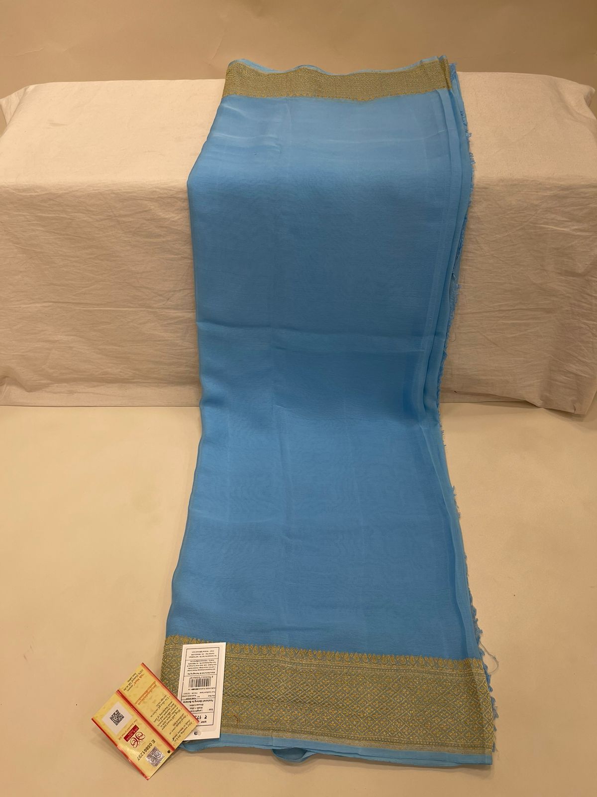 Faishana Pure Silk Handloom Sky Blue Khaddi Georgette Kadhwa Pallu with Banarasi Kadhwa Gold Zari Border Saree