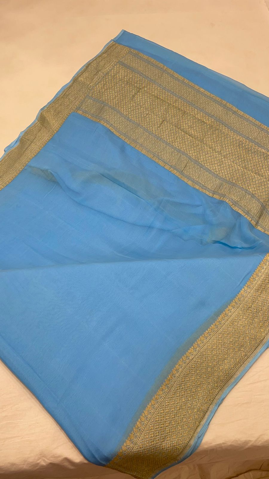 Faishana Pure Silk Handloom Sky Blue Khaddi Georgette Kadhwa Pallu with Banarasi Kadhwa Gold Zari Border Saree