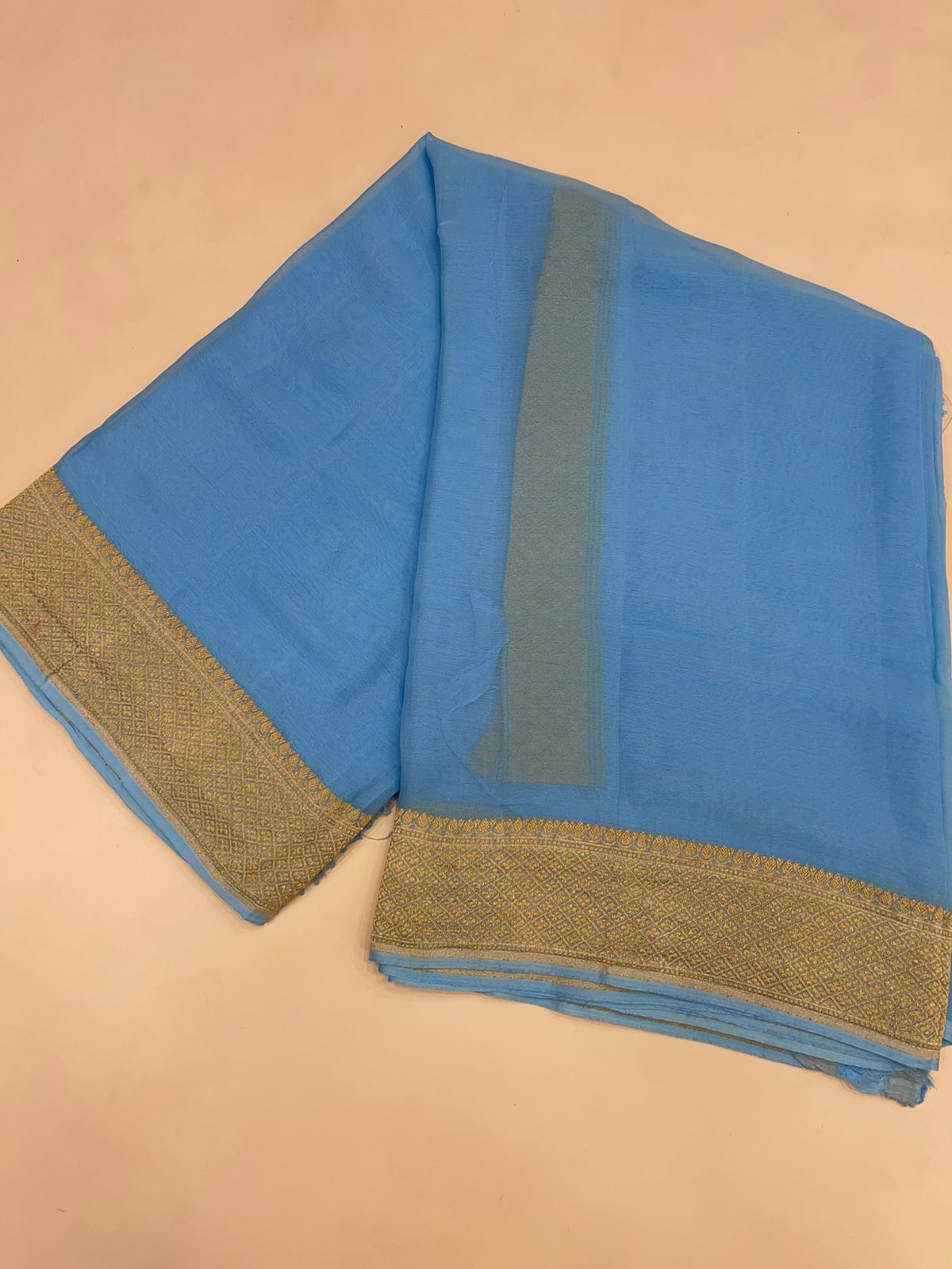 Faishana Pure Silk Handloom Sky Blue Khaddi Georgette Kadhwa Pallu with Banarasi Kadhwa Gold Zari Border Saree