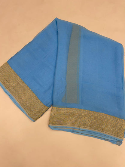 Faishana Pure Silk Handloom Sky Blue Khaddi Georgette Kadhwa Pallu with Banarasi Kadhwa Gold Zari Border Saree