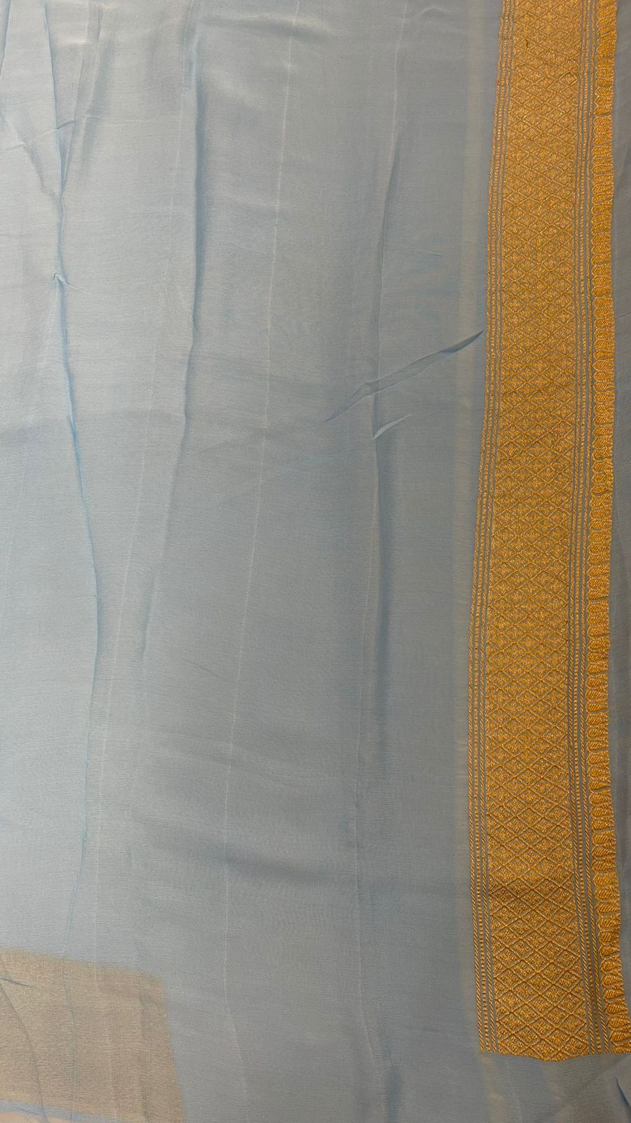 Faishana Pure Silk Handloom Sky Blue Khaddi Georgette Kadhwa Pallu with Banarasi Kadhwa Gold Zari Border Saree