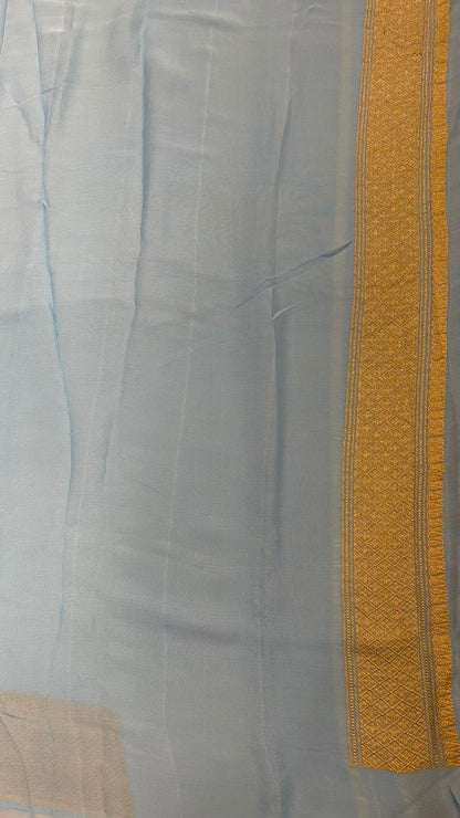 Faishana Pure Silk Handloom Sky Blue Khaddi Georgette Kadhwa Pallu with Banarasi Kadhwa Gold Zari Border Saree