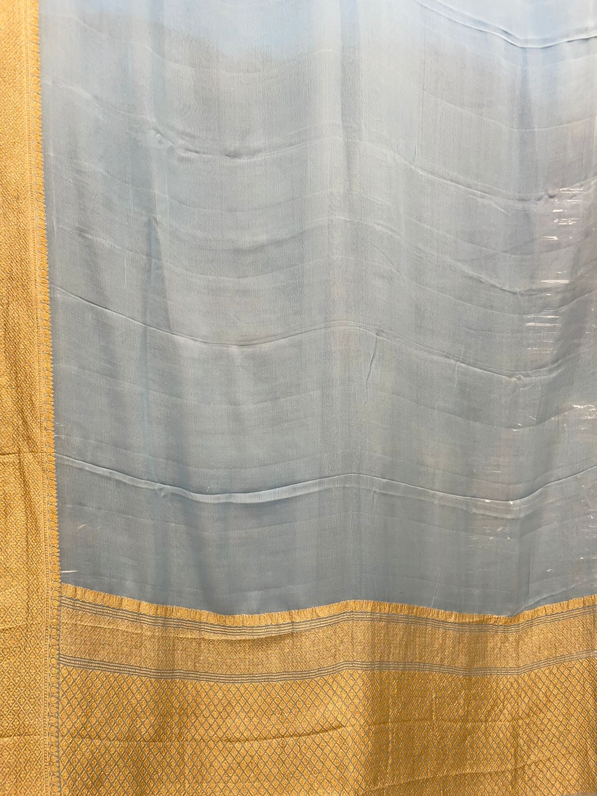 Faishana Pure Silk Handloom Sky Blue Khaddi Georgette Kadhwa Pallu with Banarasi Kadhwa Gold Zari Border Saree