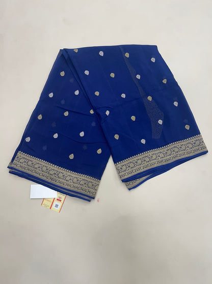 Faishana's Exquisite Pure Silk Handloom Khaddi Georgette Saree with Navy Blue and Golden Zari Kadhwa Booti Zari Border