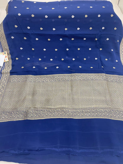 Faishana's Exquisite Pure Silk Handloom Khaddi Georgette Saree with Navy Blue and Golden Zari Kadhwa Booti Zari Border