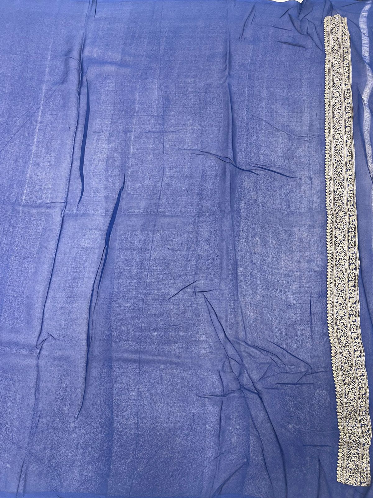 Faishana's Exquisite Pure Silk Handloom Khaddi Georgette Saree with Navy Blue and Golden Zari Kadhwa Booti Zari Border