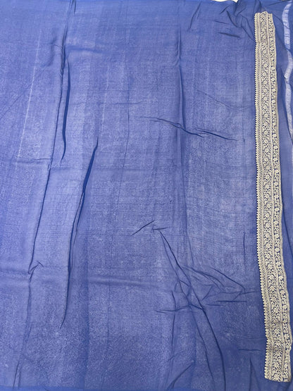 Faishana's Exquisite Pure Silk Handloom Khaddi Georgette Saree with Navy Blue and Golden Zari Kadhwa Booti Zari Border
