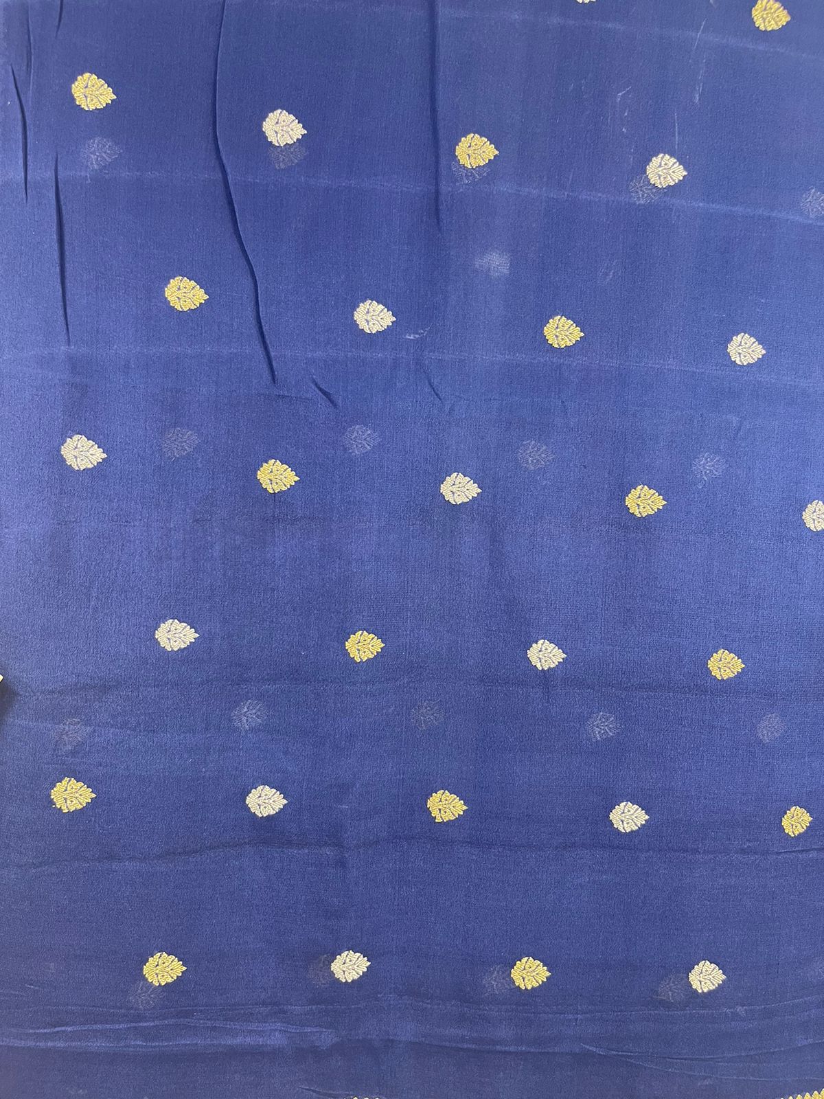 Faishana's Exquisite Pure Silk Handloom Khaddi Georgette Saree with Navy Blue and Golden Zari Kadhwa Booti Zari Border