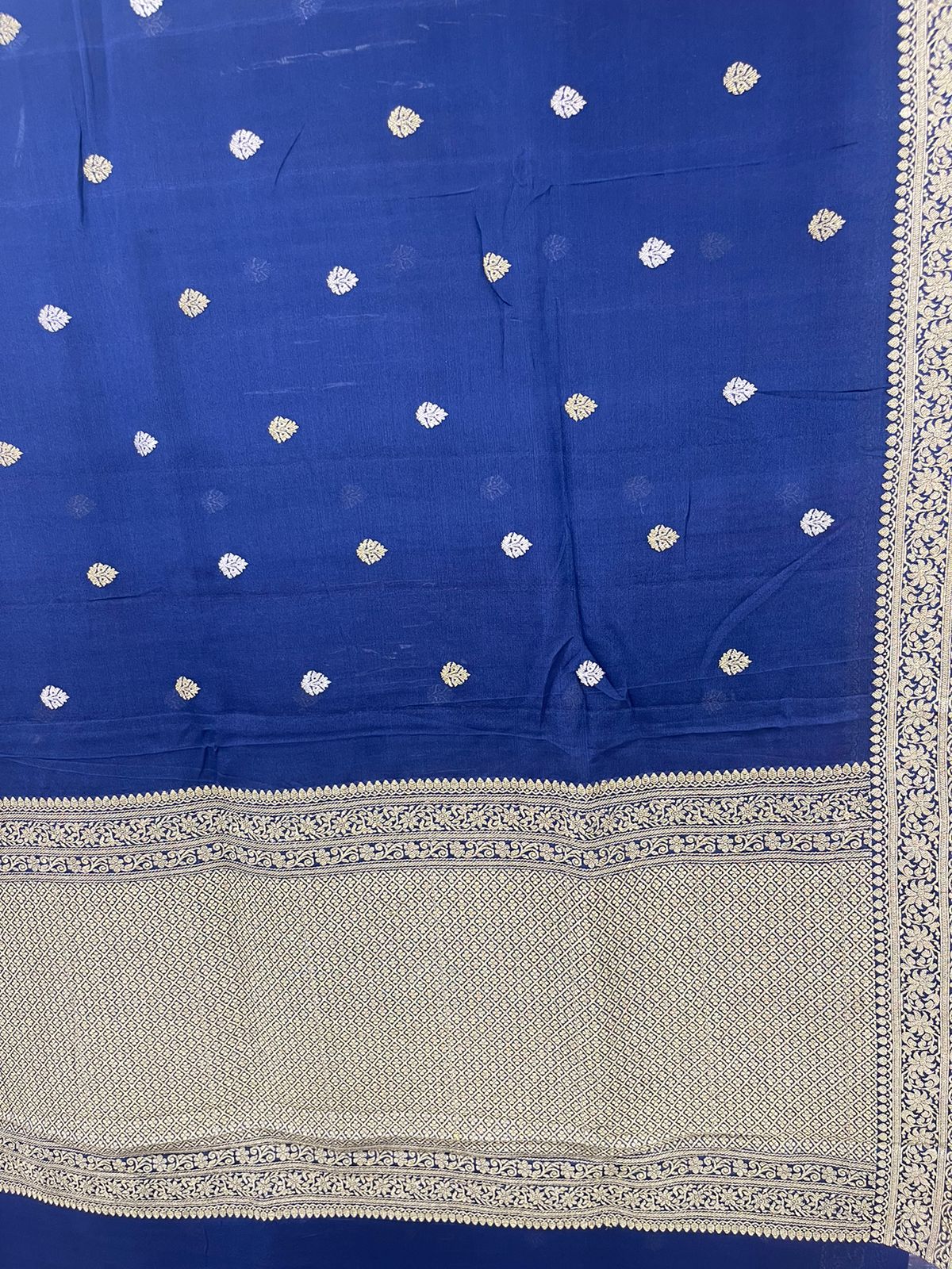 Faishana's Exquisite Pure Silk Handloom Khaddi Georgette Saree with Navy Blue and Golden Zari Kadhwa Booti Zari Border