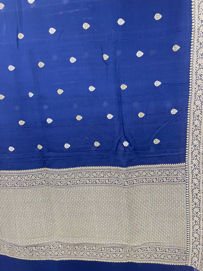 Faishana's Exquisite Pure Silk Handloom Khaddi Georgette Saree with Navy Blue and Golden Zari Kadhwa Booti Zari Border