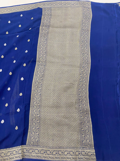 Faishana's Exquisite Pure Silk Handloom Khaddi Georgette Saree with Navy Blue and Golden Zari Kadhwa Booti Zari Border