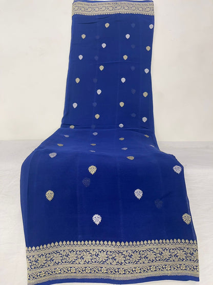 Faishana's Exquisite Pure Silk Handloom Khaddi Georgette Saree with Navy Blue and Golden Zari Kadhwa Booti Zari Border