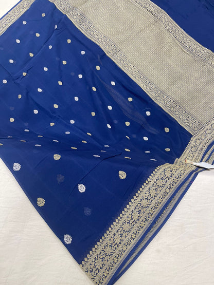 Faishana's Exquisite Pure Silk Handloom Khaddi Georgette Saree with Navy Blue and Golden Zari Kadhwa Booti Zari Border