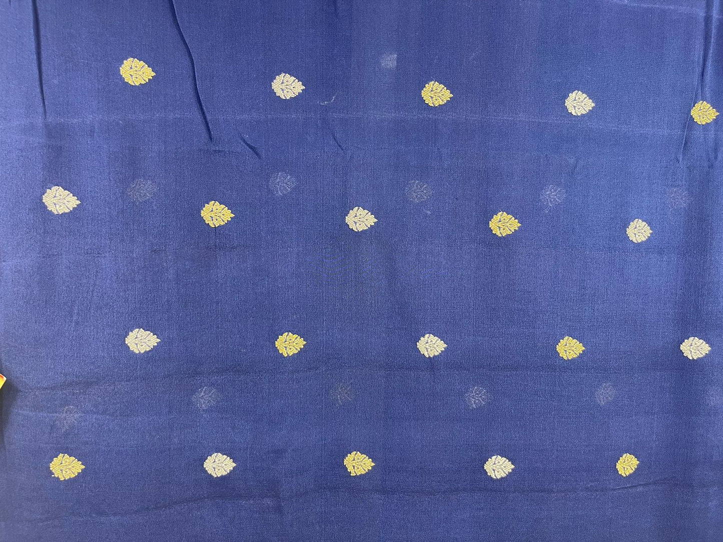 Faishana's Exquisite Pure Silk Handloom Khaddi Georgette Saree with Navy Blue and Golden Zari Kadhwa Booti Zari Border
