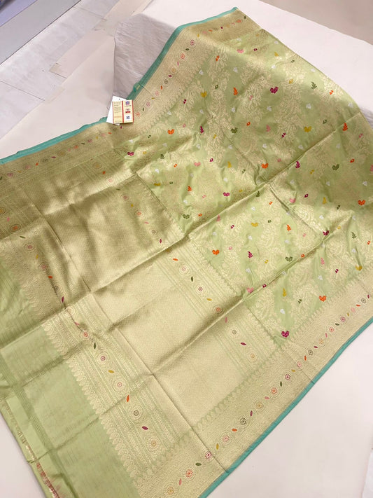 Faishana Pure Handloom Katan Silk Pista Green Jangla Meenakari with Kadhwa Border and Pista Blouse Banarasi Saree