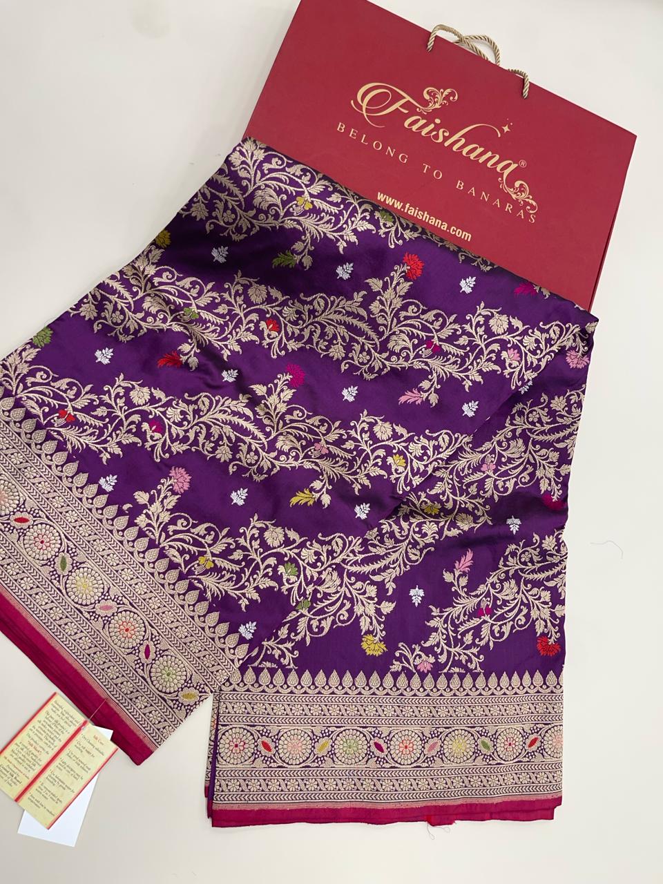 Faishana Pure Handloom Purple Katan Silk Diagonal Kadhwa Zari Floral Booti Jangla Jaal and Kadhwa Pallu with Purple Stripe Blouse