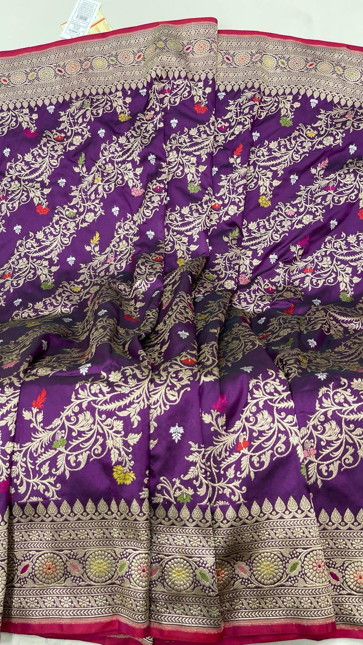 Faishana Pure Handloom Purple Katan Silk Diagonal Kadhwa Zari Floral Booti Jangla Jaal and Kadhwa Pallu with Purple Stripe Blouse