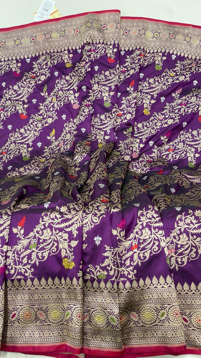 Faishana Pure Handloom Purple Katan Silk Diagonal Kadhwa Zari Floral Booti Jangla Jaal and Kadhwa Pallu with Purple Stripe Blouse
