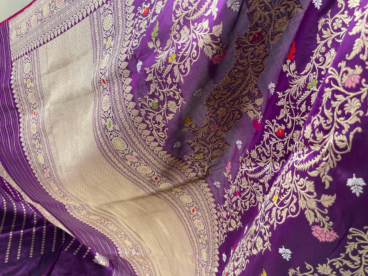 Faishana Pure Handloom Purple Katan Silk Diagonal Kadhwa Zari Floral Booti Jangla Jaal and Kadhwa Pallu with Purple Stripe Blouse